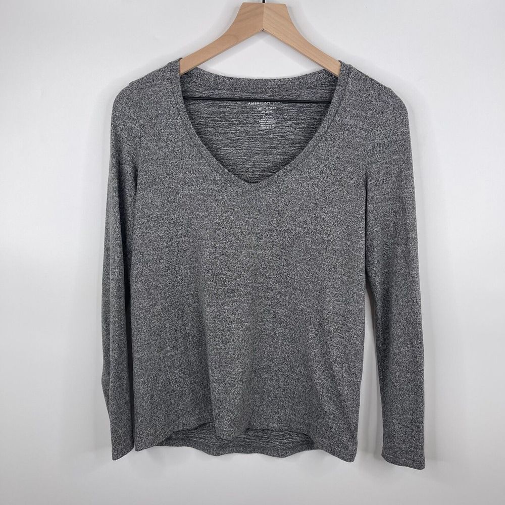 American Eagle Soft & Sexy Plush Womens Top Size S Gray Long Sleeve V Neck
